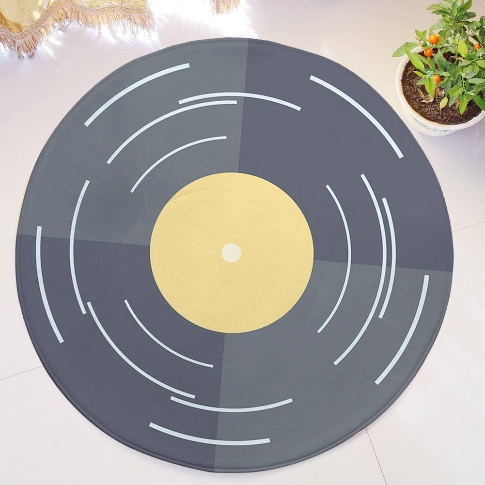 Music Disc Printed Flannel Roud Carpets For Living Room Decor Anti-slip Kids Bedroom Round Rug Door Mats Office Chair Floor Mats Carpets Home Decoration