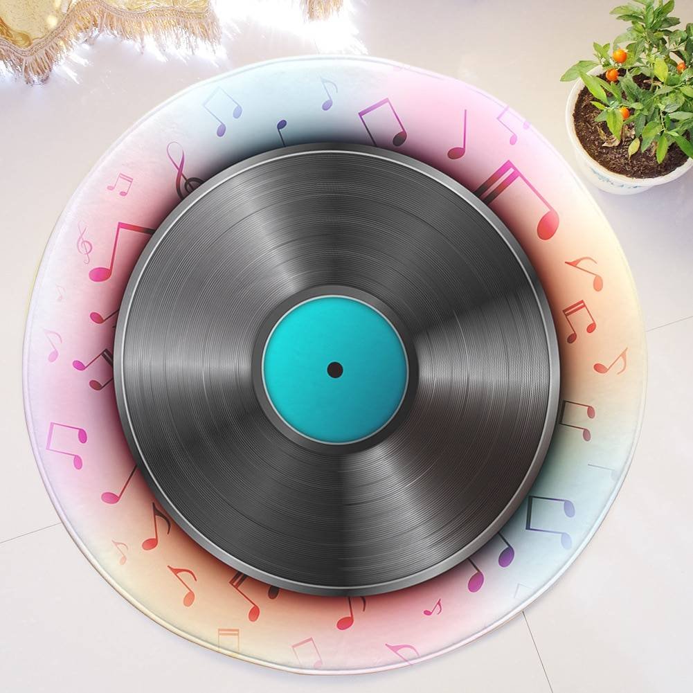 Music Disc Printed Flannel Roud Carpets For Living Room Decor Anti-slip Kids Bedroom Round Rug Door Mats Office Chair Floor Mats Carpets Home Decoration